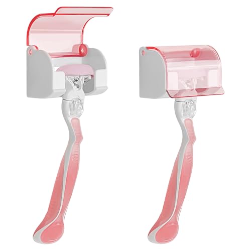 Self-Adhesive Razor Holder with Cover - Clear Pink Shower Wall Organizer - 2 Pack