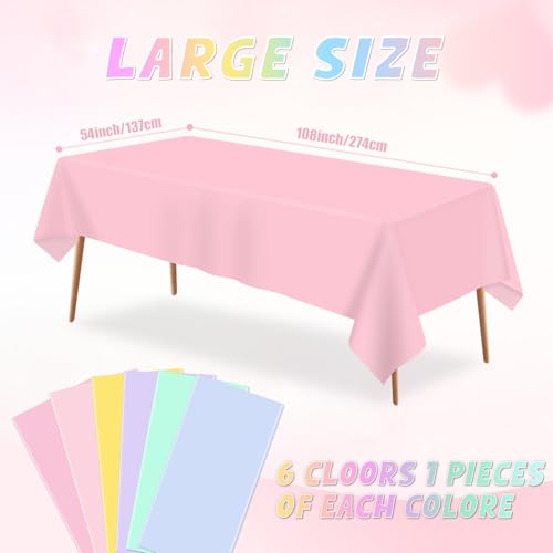 Pastel Plastic Tablecloths 6-Pack 54x108 Inch Waterproof Disposable Party Covers - 6 Colors