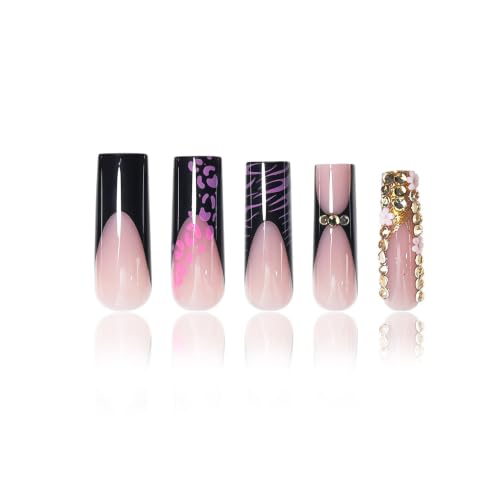 Multicolor Long Square Press-On Nails Black French Floral Fake Nails - 24pcs