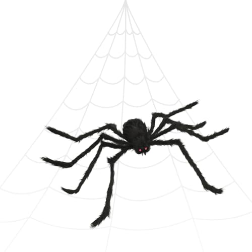 Giant Halloween Spider Decoration Set - 59-Inch Black Fuzzy Spider with Red Eyes & 200-Inch Web - Indoor Outdoor Halloween Decor - Variation of Halloween Spider + Web