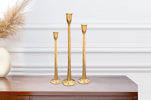 Set of 3 Wrought Iron Taper Candle Holders - Gold Rustic Decor for Wedding & Home