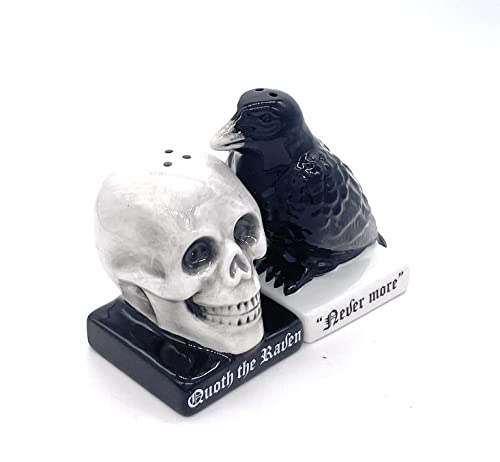 Halloween Skull and Raven Salt and Pepper Shaker Set Ceramic Gothic Decor