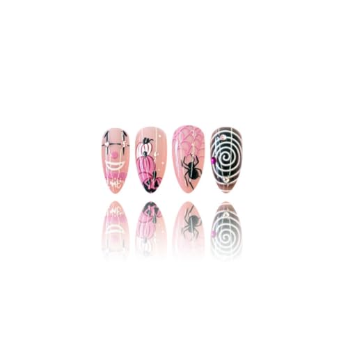 Halloween Press On Nails with Clown Ghost Rhinestones & Spider Web Design - Pink & Purple, 24Pcs