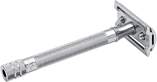 MERKUR 23C Double Edge Safety Razor - Polished Chrome, Long Knurled Brass Handle, Made in Germany, Plastic-Free, Three Piece Design, Closed Comb, Straight Bar