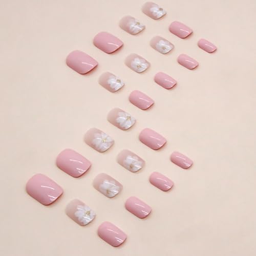 Pink Acrylic Short Square Nails with Iced Camellia Design - 32pcs Press On Fake Nails