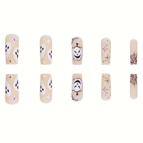 Halloween Press On Nails - Medium Square Fake Nails with Gem Rhinestones & Spider Web Design - Horror Ghost Variation 14