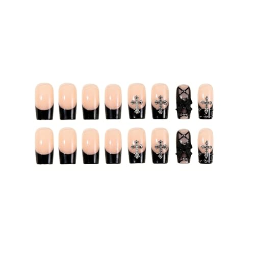 Square Press On Nails - Medium Fake Nails with Glossy Finish & Rhinestone Cross - Variation FN064A32