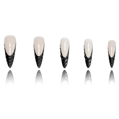 IMSOHOT Long Stiletto Press On Nails Black French Tips with 3D Designs - Variation 75-C42Black