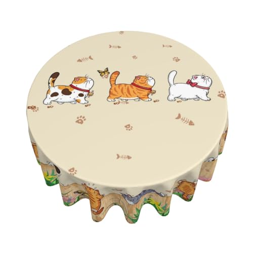Cat Round Tablecloth 70 Inch Waterproof Rustic Fishbone Paw Floral Farmhouse Decor