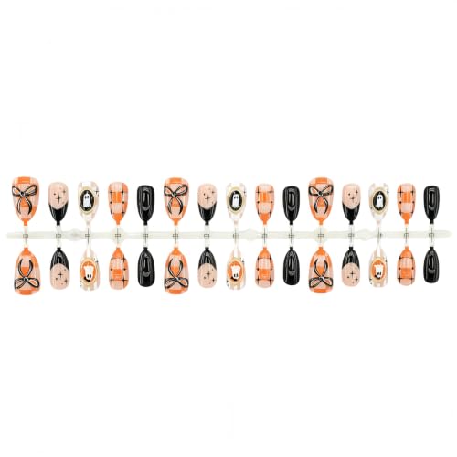 Halloween Mirror Ghost Checkered Press On Nails - Short Almond Fake Nails with Bow and Star Design (Variation: Ghost Checkered)