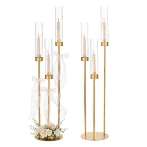Gold 34in 2-Pack 3-Arm Wedding Centerpieces with LED Candles - Vincidern
