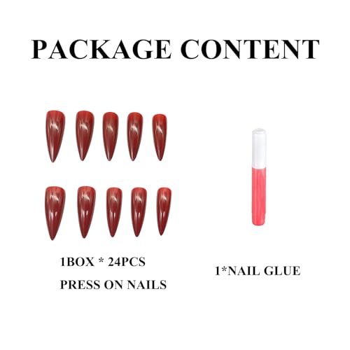 Press On Nails Long Stiletto Red Deep Solid Color Gothic Halloween - 24pcs (Variation: 6501Red)