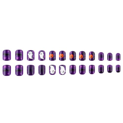 Halloween Press On Nails W10 Purple Short Square Fake Nails with Ghost Pumpkin Bat Web Design