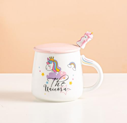 White Unicorn Ceramic Mug with Lid and Spoon - 13 fl oz Magical Rainbow Design