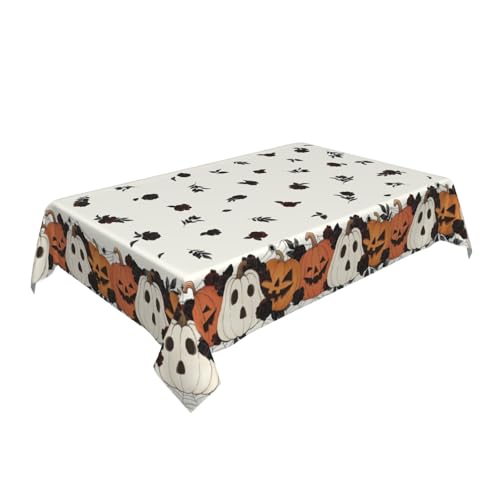 Halloween Rectangular Tablecloth 60x84 Inch White Pumpkin Floral Leaves Decor