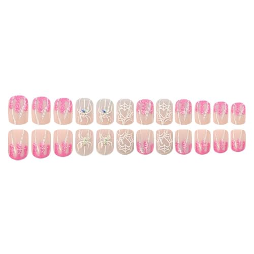 Halloween Press On Nails Medium Square White Heart Spider Web Design with Rhinestone Charm - Style6