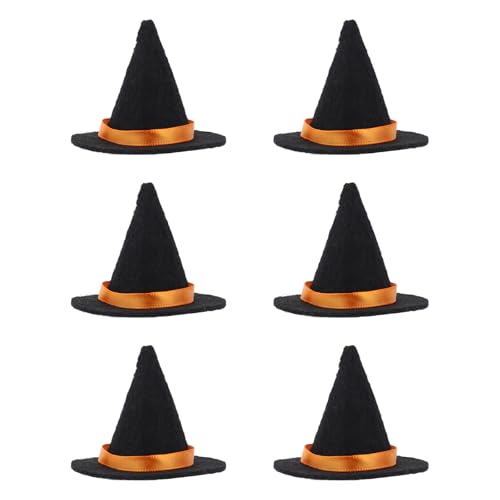 Mini Felt Witchy Hat Set - 6 Black Tiny Wizard Hats for Crafts Halloween Party