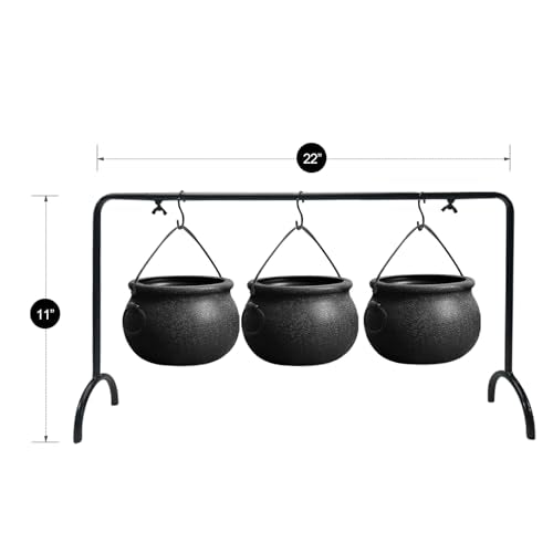 Halloween Cauldron Serving Bowls Set - 3 Black Witches Cauldrons with Rack