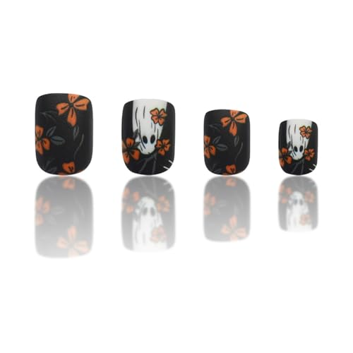 Halloween Press On Nails Short Square with Ghost Design - Style 11
