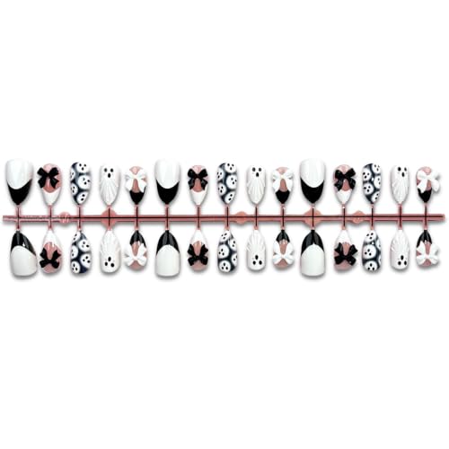 Halloween Ghost Nails - 30Pcs Medium French Tip Fake Nails with 3D Bow - Variation of THIS listing