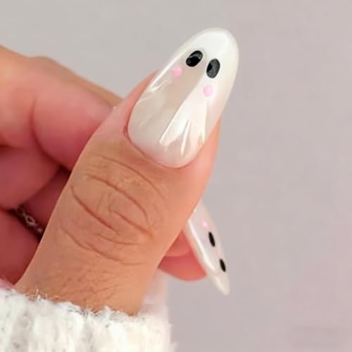 Halloween Press On Nails Glossy Chrome Fake Nails with White Ghost Design - Style 39, Medium Almond Shape, 24 Pcs