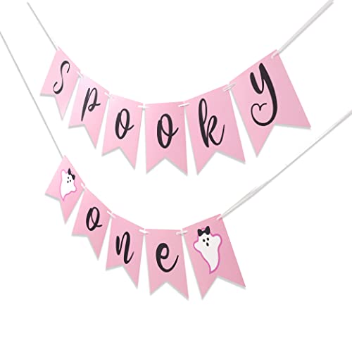 Spooky First Birthday Banner - Pink Ghost Halloween Party Decor, 6.5" x 13"