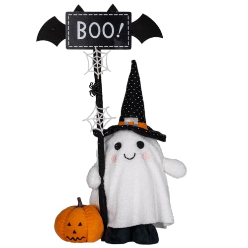 Halloween Ghost Plush Decor with Adjustable Sign and Pumpkin - Indoor Outdoor Welcome Ornament