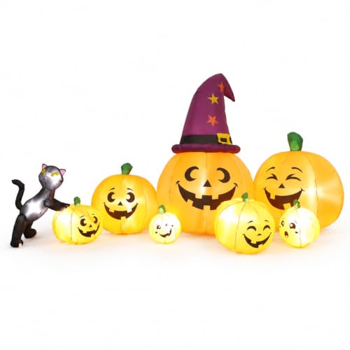 7FT Inflatable Halloween Pumpkin Family Decoration with Witch Hat and Black Cat