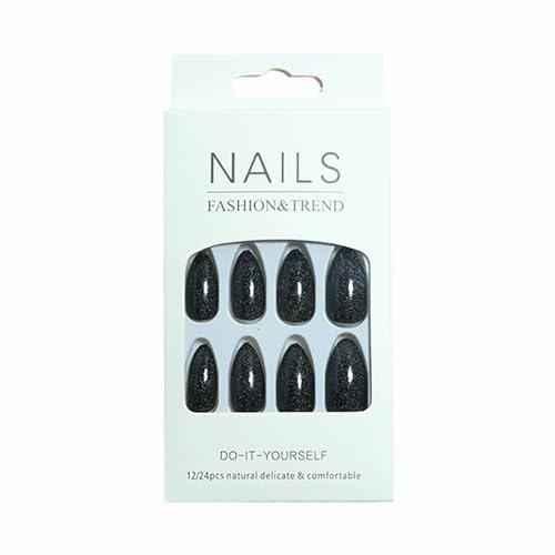 Press On Nails - Medium Stiletto Fake Nails with Goth Black Glitter Design, 24 pcs - Variation 06906Black