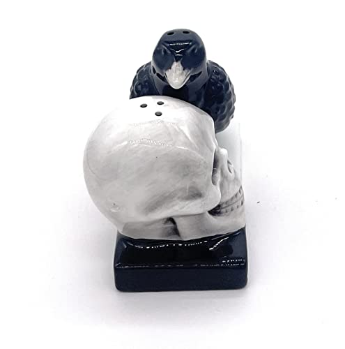 Halloween Skull and Raven Salt and Pepper Shaker Set Ceramic Gothic Decor