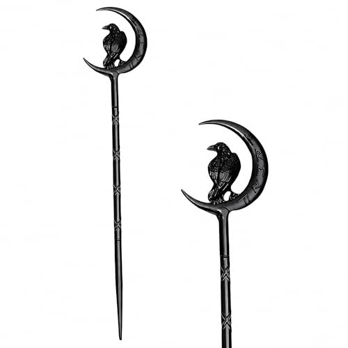 RLMN Viking Raven Hair Sticks - Gothic Moon Hair Pins for Women - 2 Pack