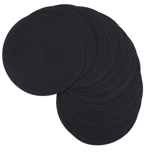 Black Round Placemats Set of 12 - Heavy Cotton Polyester Woven Table Mats