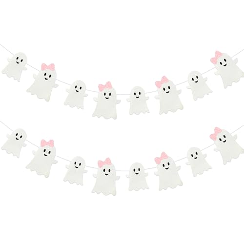 Halloween Ghost Garland Banner - Pink & White Glitter Halloween Decorations - 16 ft Set