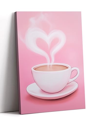 Pink Coffee Wall Art Canvas Prints 12x18 Inch Kitchen Decor with Heart & Cappuccino - Pink Variation A