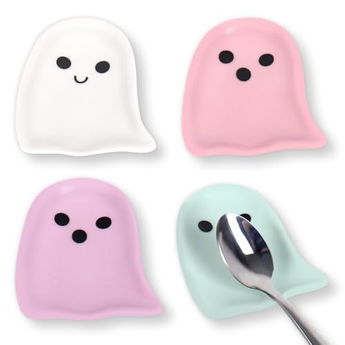 Halloween Ghost Ceramic Spoon Rests Set - White Pink Purple Blue, 4 Pcs Mini Coffee Spoon Holders with Expressions