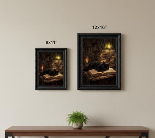 Dark Academia Cat Wall Art - Framed Vintage Gothic Canvas Print, 16x12in - Moody Black Cat Sleeping on Book