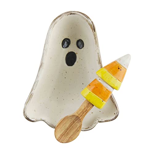 Ghost Candy Bowl Set with Spoon - 4.75 x 3.8 Inch Hand-Painted Stoneware Halloween Decor