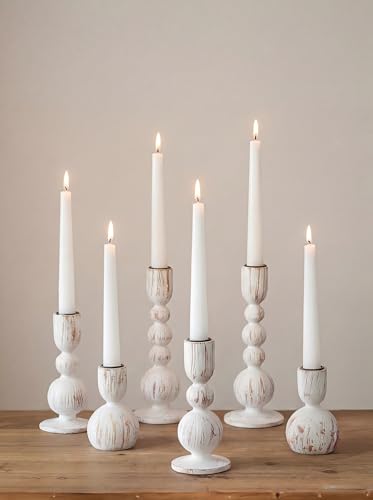 Wooden Taper Candle Holders Set of 6 - Rustic Whitewash Farmhouse Decor - Variations: Whitewash / 6