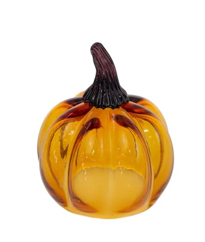 Glass Pumpkin Decor - Small Amber Orange Autumn Halloween Thanksgiving Tabletop Accent
