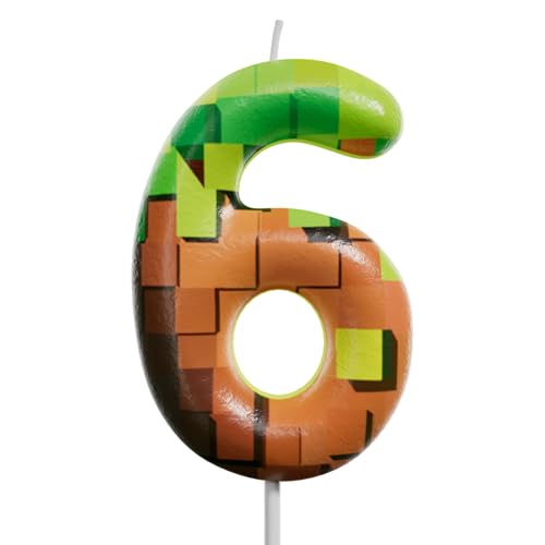 Pixel Miner Number Candle for Birthday Cake - Retro Art / 6 Pink+Blue