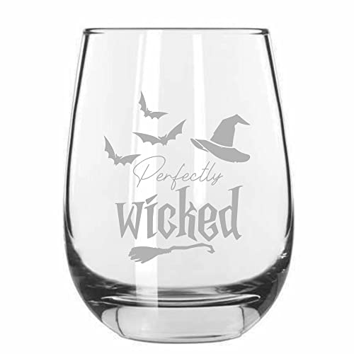 15.3 Oz Halloween Stemless Wine Glass - Perfectly Wicked Laser Etched Drinkware, Spooky Fall Gift