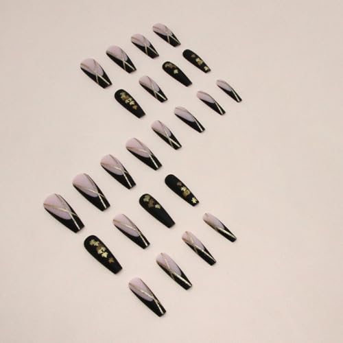 Fall Press On Nails Long Coffin Fake Nails with Maple Leaf Design - Black & Gold French Tips - 24 Pcs