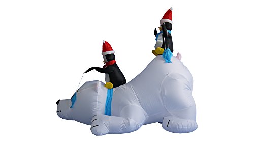 Lighted Christmas Inflatable Penguins Fishing on Polar Bear - 6ft Holiday Yard Decor