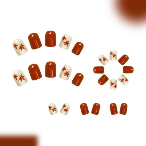 Halloween Thanksgiving Short Square Press-On Nails with Cat's Eye Maple Leaves - 24Pcs Design H01