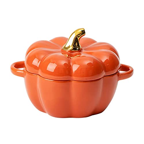 Orange Pumpkin Bowl Set with Lid & Handle, 14 Oz Ceramic Ramekins for Baking & Serving