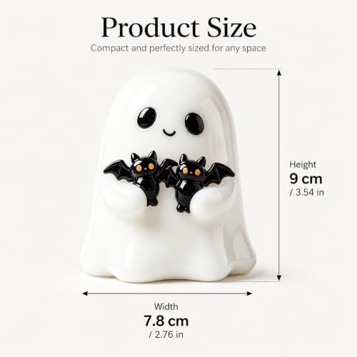 Halloween Ghost Figurine with Bats - Glossy White Spooky Decor, Bat Ghost Variation