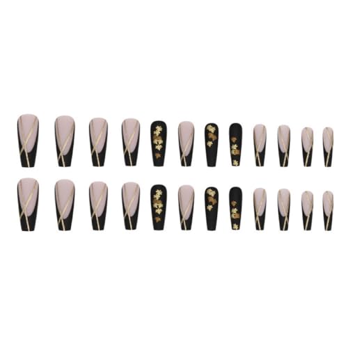 Fall Press On Nails Long Coffin Fake Nails with Maple Leaf Design - Black & Gold French Tips - 24 Pcs