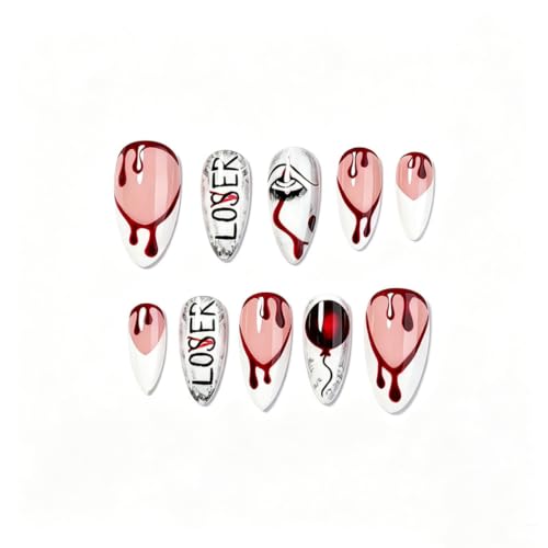 Red White French Tip Press-On Nails Halloween Fake Nails Medium Almond Reusable Set