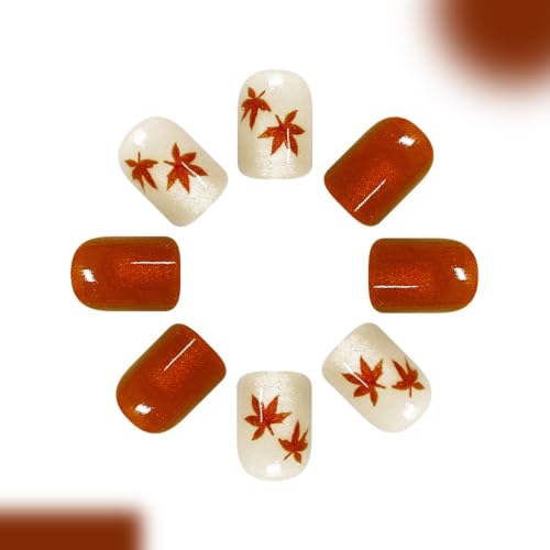 Halloween Thanksgiving Short Square Press-On Nails with Cat's Eye Maple Leaves - 24Pcs Design H01