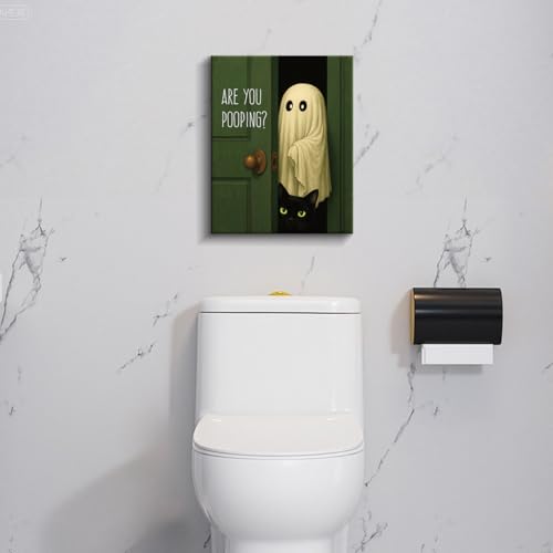 Funny Ghost Cat Bathroom Wall Art Canvas Print - Framed Halloween Decor - Color A